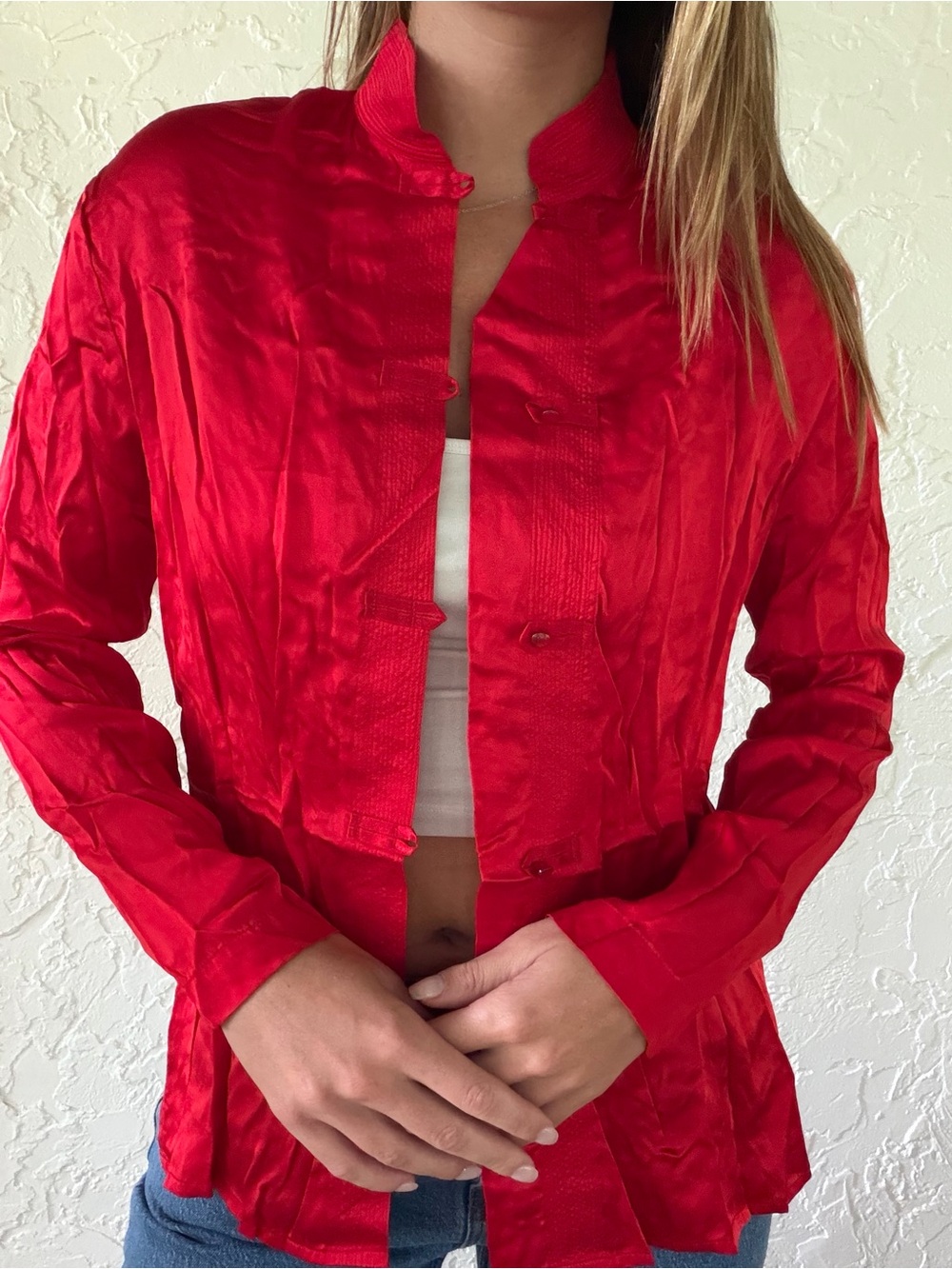 80s Annie Alexander Red Silk Mandarin-Collar Blouse